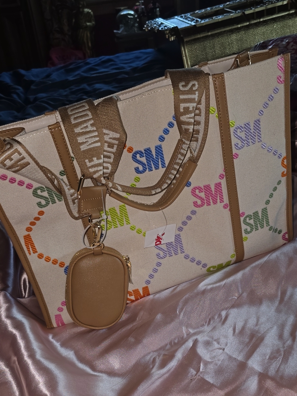 NWT Steve Madden Cream Canvas Tote with Multicolor Logo Print and Tan Trim
